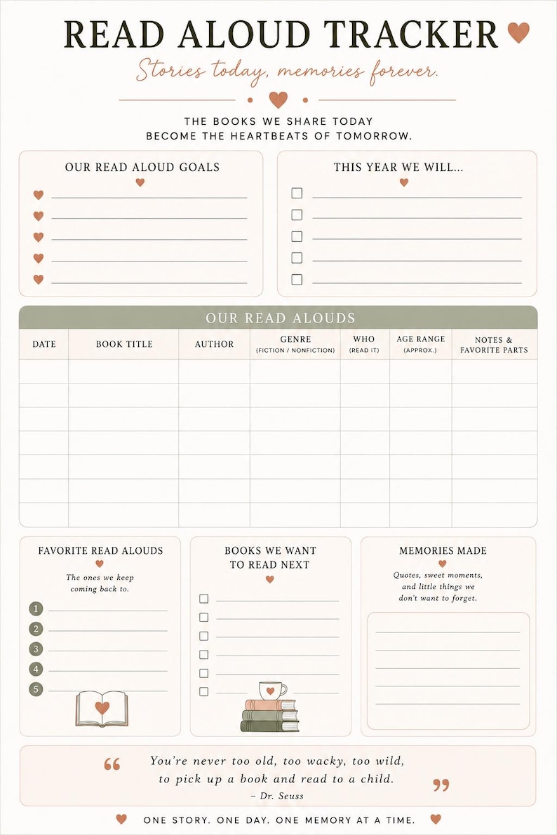May include: A Read Aloud Tracker printable sheet with a cream background and dark text. It features sections for goals, a reading log table, favorite books, a to-read list with a stack of books illustration, memories, and a Dr. Seuss quote.