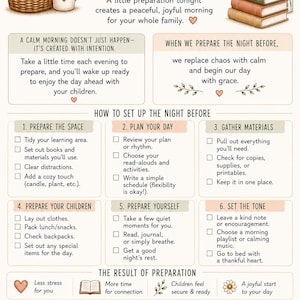 May include: An educational infographic titled Create a Smooth Morning BEFORE SCHOOL featuring illustrations of books, a basket, a mug, and a bird. It provides a six-step checklist for evening preparation to ensure a calm morning routine for families.