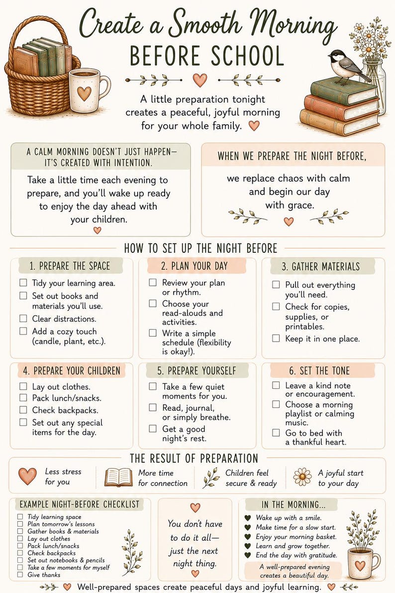 May include: An educational infographic titled Create a Smooth Morning BEFORE SCHOOL featuring illustrations of books, a basket, a mug, and a bird. It provides a six-step checklist for evening preparation to ensure a calm morning routine for families.