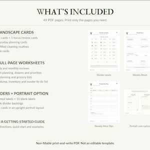 Peut inclure: Un ensemble de documents numériques comprenant 49 pages PDF. Le texte liste 36 cartes paysage, 18 feuilles de travail pleine page, des séparateurs et un guide de démarrage. Quatre aperçus montrent des étiquettes, un planning hebdomadaire et plus.