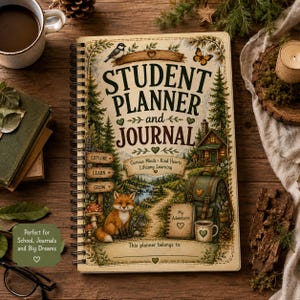 May include: A spiral-bound student planner and journal with a cream cover featuring a forest scene, a fox, a cabin, and a backpack. The text reads: STUDENT PLANNER and JOURNAL, Explore, Learn, Grow, Curious Minds, Kind Hearts, Lifelong Learning.