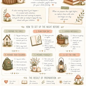 May include: An educational infographic titled Create a Smooth Morning BEFORE SCHOOL, featuring illustrations of books, a basket, a bird, mushrooms, and a lantern. It includes six numbered steps for morning preparation, checklists, and motivational text.