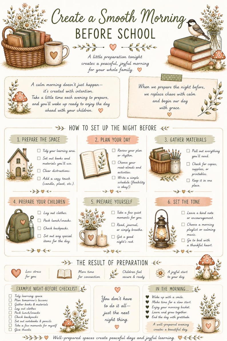 May include: An educational infographic titled Create a Smooth Morning BEFORE SCHOOL, featuring illustrations of books, a basket, a bird, mushrooms, and a lantern. It includes six numbered steps for morning preparation, checklists, and motivational text.