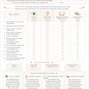 May include: A printed learning style quiz for children titled What Type of Learner Is Your Child. The document includes a twelve-question checklist categorized by visual, auditory, reading, writing, and kinesthetic learning styles with scoring.