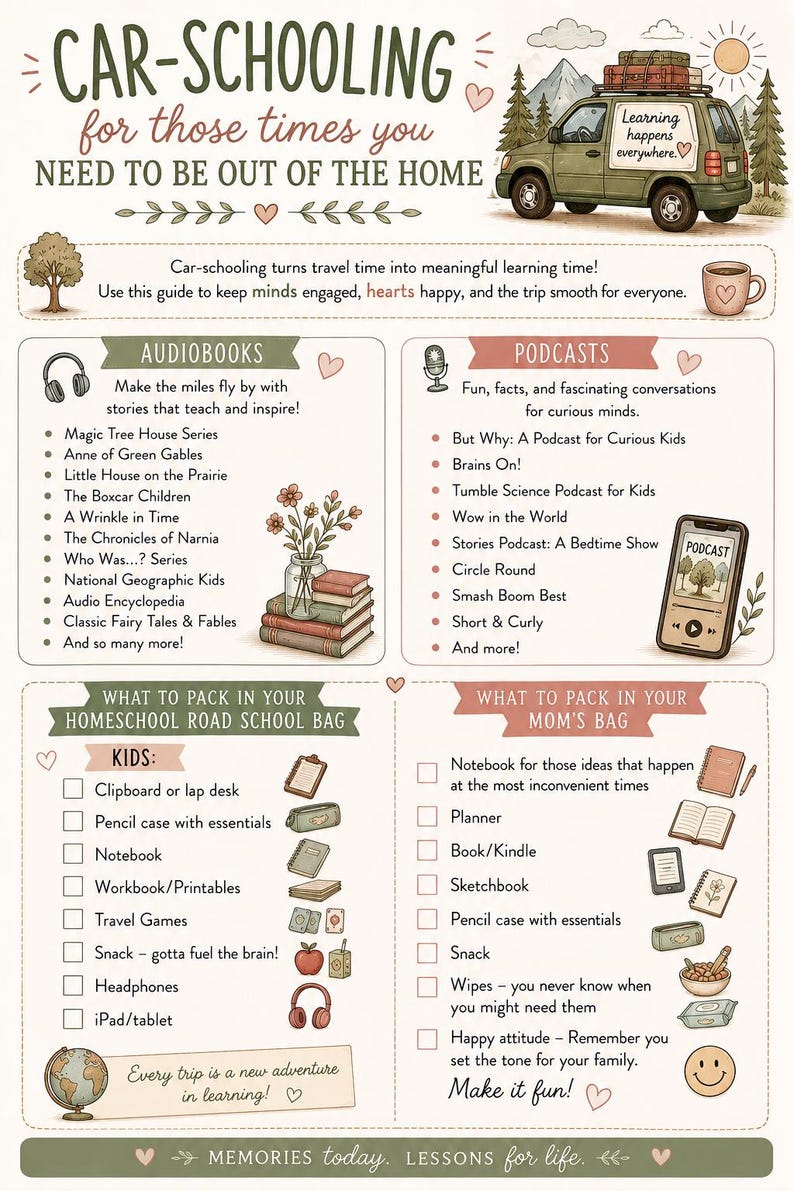 May include: An educational infographic titled CAR-SCHOOLING for those times you NEED TO BE OUT OF THE HOME. It features a green car, lists for audiobooks, podcasts, and packing checklists for kids and parents, decorated with small illustrations.