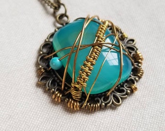 Blue Agate and Turquoise Wire-wrapped Cameo Pendant Necklace
