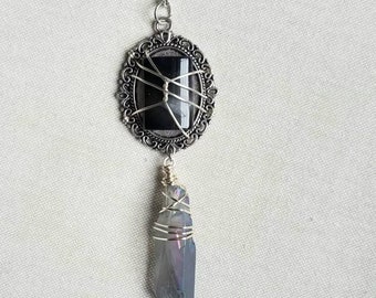 Black Agate and Aqua Aura Quartz Crystal Pendant Necklace