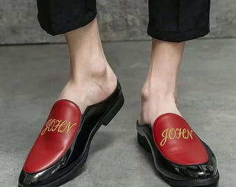 Handmade Red Black Mule Loafers Men, Gold Embroidered Custom Name, Patent Leather Backless Slip On Shoes, Custom Mules