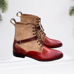 Tan Suede & Burgundy Leather Monk Strap Boots: Western High Ankle Dress Boots