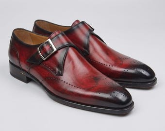 Men's Burgundy Leather Double Monk Strap Shoes, Handmade Dress Shoes