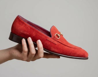 Red Suede Leather Loafers: Men's Buckle Slip-Ons, Party Dress Shoes