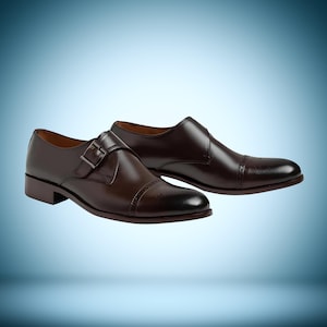 Men&#39;s Dark Brown Leather Monk Strap Shoes: Cap Toe Brogue Dress Shoes