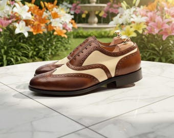 Two-Tone Brown Leather Oxford Shoes: Men's Brogue Dress Shoes