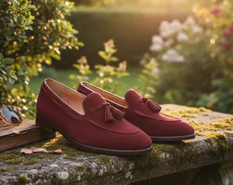 Handmade Burgundy Suede Tassel Loafers | Men's Formal Slip-Ons