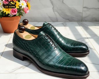 Handgemaakte leren oxfordschoenen met groene krokodillenreliëf – Luxe geklede schoenen