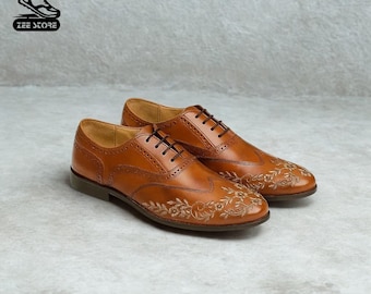 Handmade Brown Leather Oxford Shoes: Floral Embroidered Brogue Dress Shoes By Zeestore313