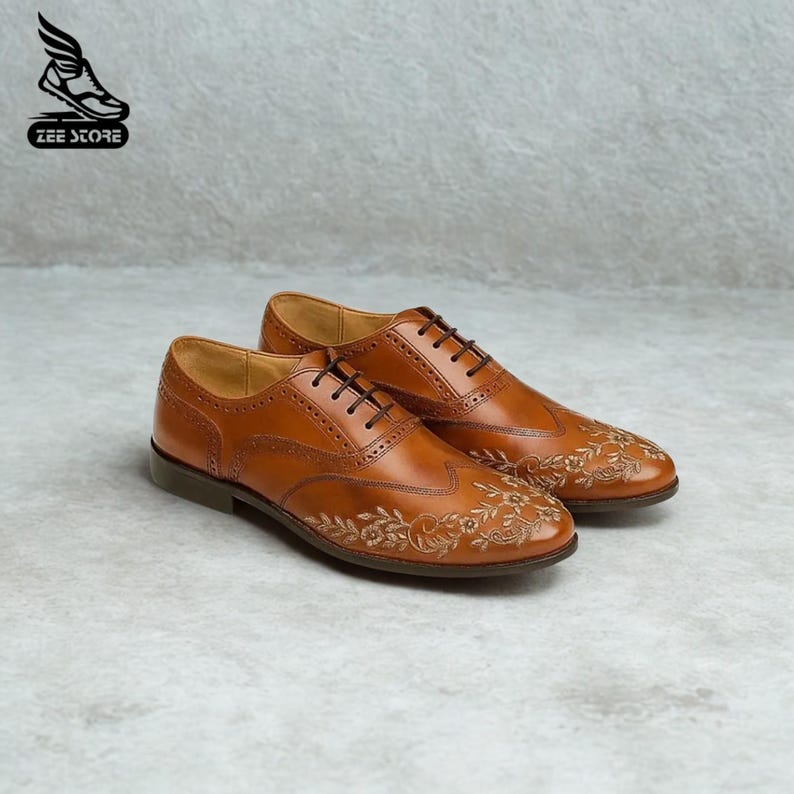 Handmade Brown Leather Oxford Shoes: Floral Embroidered Brogue Dress Shoes By Zeestore313 image 1