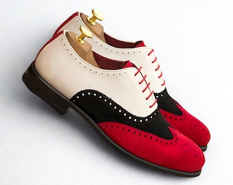 Handmade Two-Tone Leather Wingtip Oxford Shoes – Bespoke Groomsmen Dress Shoes