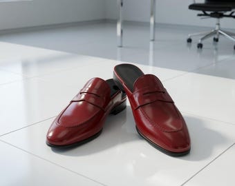 Men's Red Leather Mule Loafers, Handmade Penny Slip-On Dress Shoes