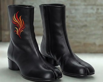 Black Tabi Boots with Flame Embroidery, Split Toe Ankle Boots, Gothic Black Boots, Alternative Fashion Boots, Statement Boots
