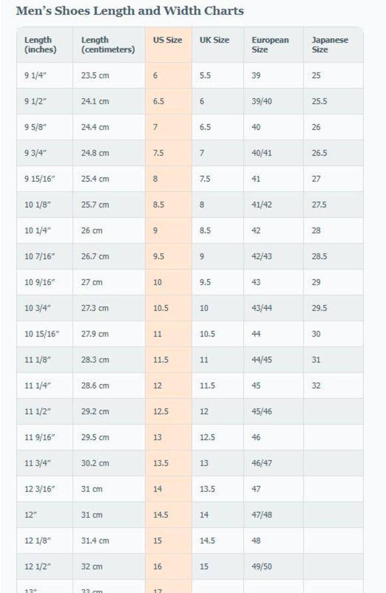 May include: A shoe size conversion chart for men, displaying measurements in inches, centimeters, US, UK, European, and Japanese sizes. The chart includes sizes from 6 to 17 US, with corresponding lengths and international equivalents.