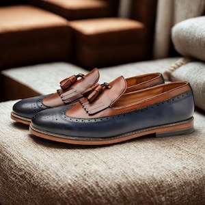 Handmade Two-Tone Leather Wingtip Oxford Shoes: Tan Brogue Dress Shoes