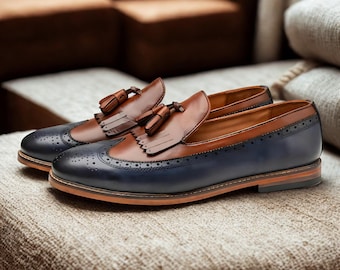 Handmade Two-Tone Leather Wingtip Brogue Oxford Shoes