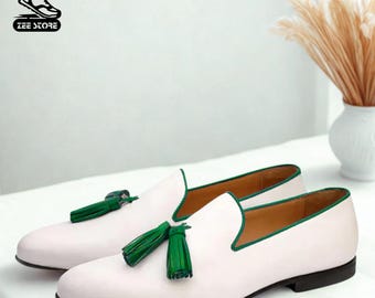 Handmade White Leather Tassel Loafers – Men's Green Trim Dress Shoes