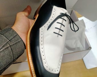 Handmade Black & White Oxford Shoes | Men’s Two-Tone Leather Dress Shoes | Formal Wingtip Brogues