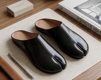 Black Leather Tabi Shoes, Split Toe Mules, Handmade Slip On Shoes