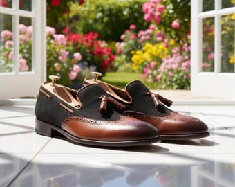 Black Suede & Brown Leather Tassel Loafers - Handmade Men's Dress Shoes