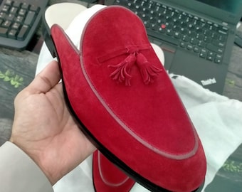 Burgundowe mokasyny z frędzlami, męskie skórzane buty wsuwane z odkrytym tyłem