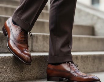 Handmade Brown Leather Oxford Brogue Shoes: Wingtip Dress Shoes