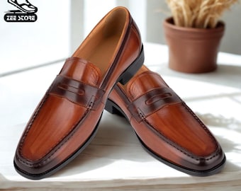 Men's Two-Tone Brown Leather Penny Loafers | Handcrafted Slip-On Dress Shoes