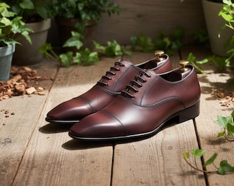 Handmade Brown Leather Oxford Shoes: Cap Toe Dress Shoes