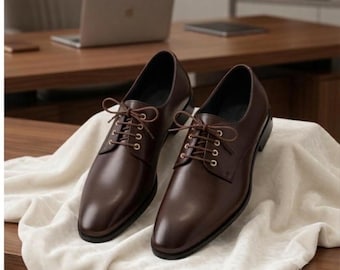 Handmade Brown Leather Derby Shoes, Classic Oxford Formal Business Footwear
