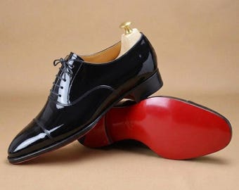 Black Patent Leather Oxford Shoes for Men, Handmade Cap Toe Dress Shoes, Luxury Formal Wedding Shoes, Red Sole Oxfords, Custom Made