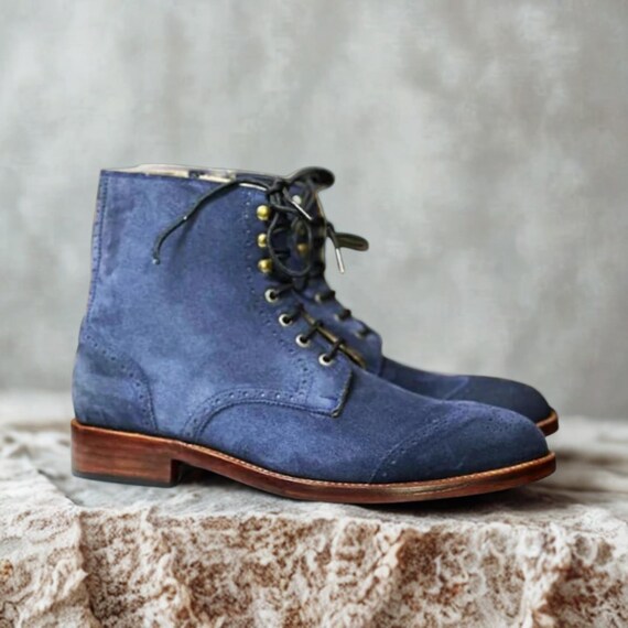 Blue Suede Chukka Boots with Lace-Up Design Men Blue Suede Chukka Leather Shoes with Light Brown Outsole  main image 3