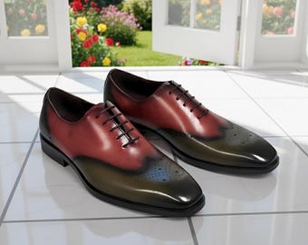 Handmade Men's Genuine Red & Dark Green Color Leather Oxford Whole-cut Dress Shoes