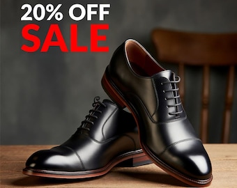Handmade Black Leather Cap Toe Oxford Dress Shoes, Formal Wedding Business亚裔