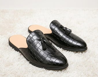 Black Croc Embossed Leather Mule Loafers, Men's Tassel Slip On Shoes