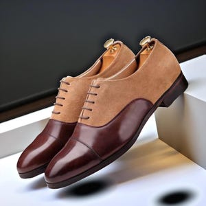 Men’s Handmade Two-Tone Oxford Shoes – Brown Leather & Tan Suede Cap Toe Dress Shoes ZEESTORE313