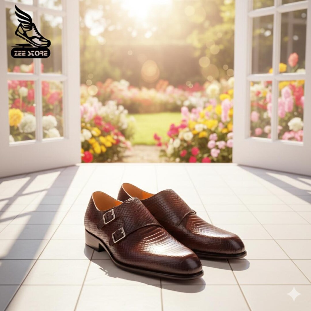 メンズ ブラウンレザー ダブルモンクストラップシューズ：リザード柄