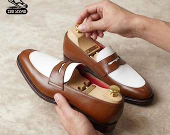 Handmade Two-Tone Leather Penny Loafers: Brown & White Slip-Ons