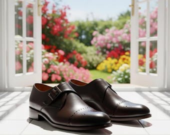 Men's Dark Brown Leather Monk Strap Shoes: Cap Toe Brogue Dress Shoes