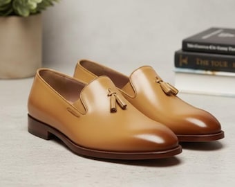 Handmade Tan Leather Tassel Loafers | Men's Formal Dress Shoes