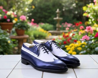 Handmade Leather Wingtip Oxford Shoes, Two-Tone Brogue Design