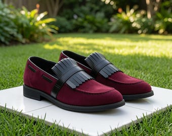 Handgemaakte bordeauxrode suède penny loafers heren met franje, luxe leren nette schoenen