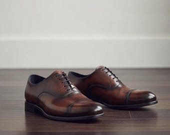 Handmade Dark Brown Leather Cap Toe Oxford Shoes – Formal Wedding Dress Shoes