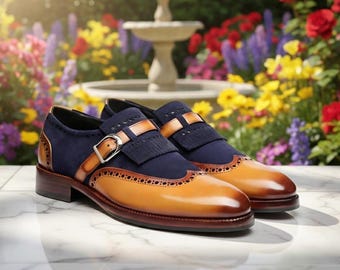 Handmade Two-Tone Wingtip Monk Strap Shoes: Leather Brogue Dress Shoes
